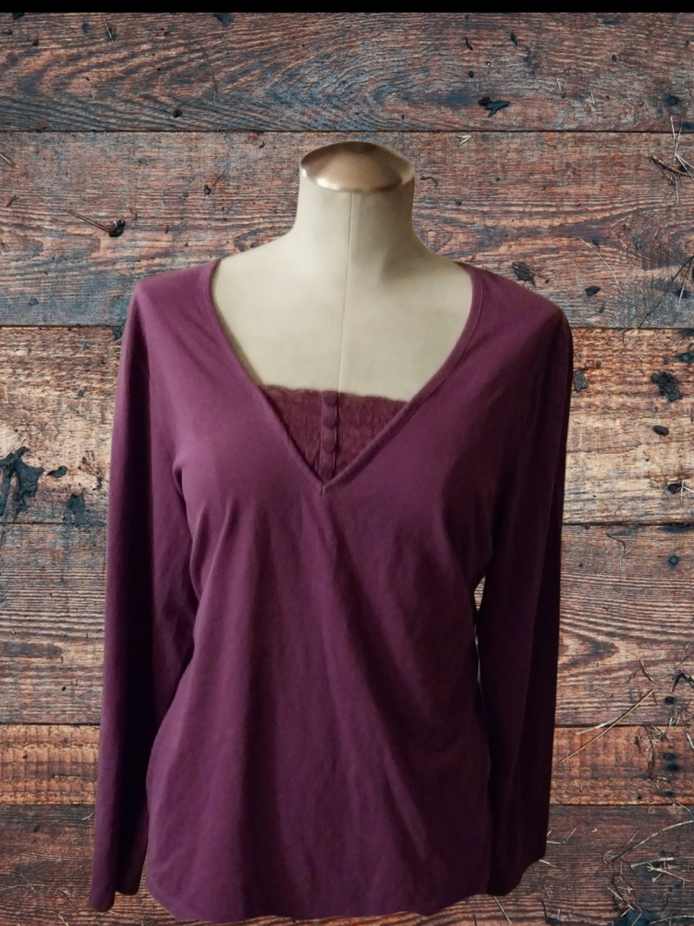 Just My Size Plum V-Neck Long Sleeve Top with Lace Inset